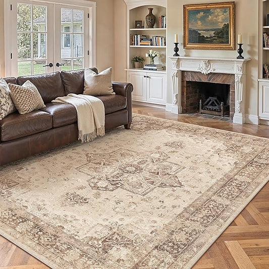 Brown 6x9 Area Rug Washable Vintage Living Room Carpet Non Slip Retro Distressed Low Pile Soft Oriental Medallion Thin Large Throw Rug for Office Bedroom Dining Room Playroom