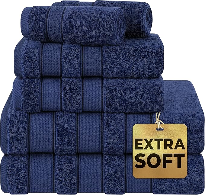 American Soft Linen Salem Turkish Bath Towel Set, 100% Cotton 600 GSM 6 Piece Towels for Bathroom, 2 Bath Towels 2 Hand Towels 2 Washcloths, Navy Blue