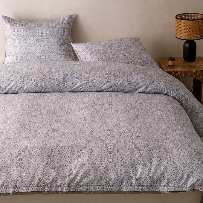 HeimenAogo Egyptian Cotton Duvet Cover Queen Size Sateen Weave, Silky Soft Duvet Cover with Zipper Closure, Long Staple Cotton Bed Linen Bohemian Damask Geometric 3 Pcs