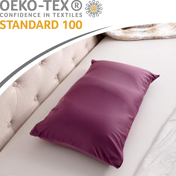 Premium Microbead Bed Pillow, Small Extra Fluffy But Supportive - Ultra Comfortable Sleep with Silk Like Anti Aging Cover 85% Spandex/ 15% Nylon Breathable, Cooling Burgundy Merlot