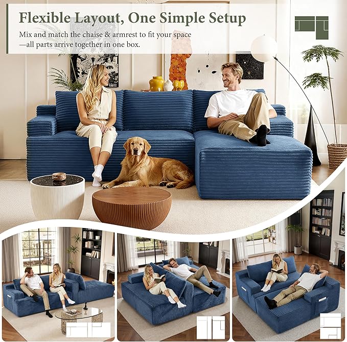 96''Sectional Couches for Living Room Modern Modular Sectional Sofa Upholstered Boneless Couch Comfy Cloud Couch with Chaise (Blue, 96''W Right Facing Chaise)