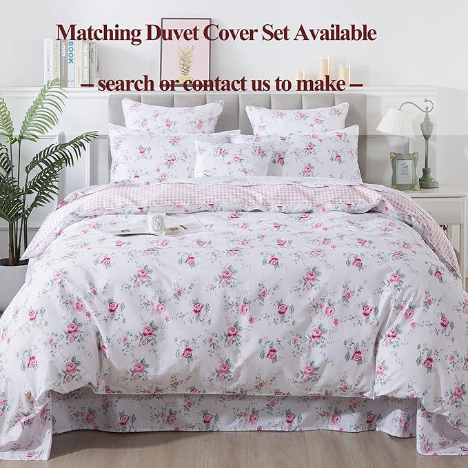FADFAY Rose Sheets Set Queen Pink Floral Bedding Rustic Botanical Flower Bed Sheet Set Vintage Farmhouse Bedding 100% Cotton Soft Breathable Collection with Deep Pocket Fitted Sheet 4Pcs, Queen Size