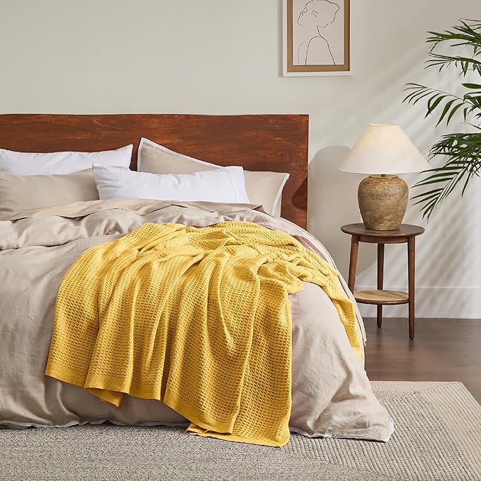 Bedsure Gentlesoft 100% Cotton Blanket King Size for Bed - Breathable and Soft, Thick Cozy Waffle Weave Christmas Blanket Gift for Women, Mustard Yellow, 104x90 inches