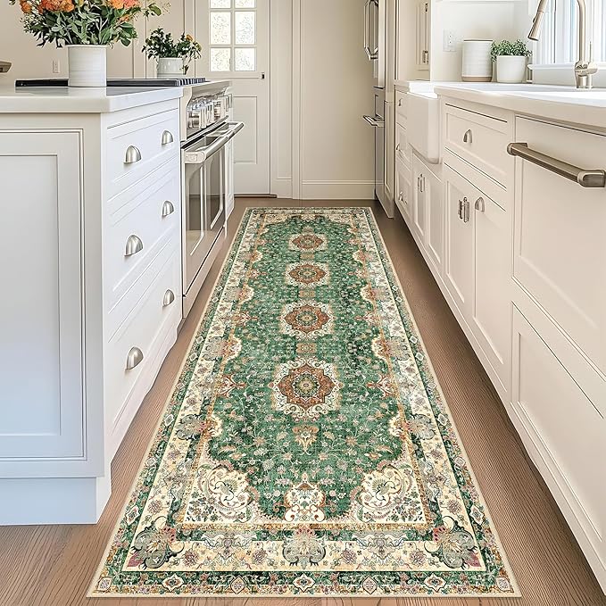 Washable Runner Rug 2'x8',Green Rug Runners Non Slip,Long Boho Rugs for Hallways Kitchen Bathroom Bedroom Entryway,Vintage Bohemian Distressed Floor Carpet,Retro Sage Floral