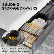 WLIVE Queen Size Upholstered Bed Frame with 4 Storage Drawers and Headboard, Velvet Platform Bedframe, Sturdy Metal & Wooden Slats Support, No Box Spring Needed, Easy Assembly, Dark Grey