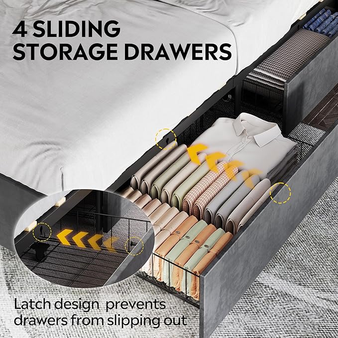 WLIVE Queen Size Upholstered Bed Frame with 4 Storage Drawers and Headboard, Velvet Platform Bedframe, Sturdy Metal & Wooden Slats Support, No Box Spring Needed, Easy Assembly, Dark Grey