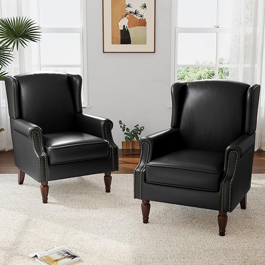 Lumibee Accent Chairs, Faux Leather High Back Armchair Set of 2 or Living Room, Comfy Upholstered Single Sofa Reading Chairs with Solid Wood Legs for Office, Bedroom, Waiting Room-Black