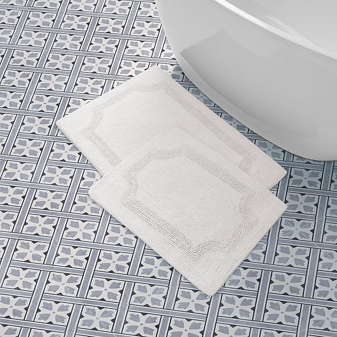 Laura Ashley - Reversible Cotton Bath Mat, Premium Bathroom Décor, Machine Washable Bathroom Rug, Highly Absorbent, 17"x24"/20"x32" 2-Piece Set, Ivory