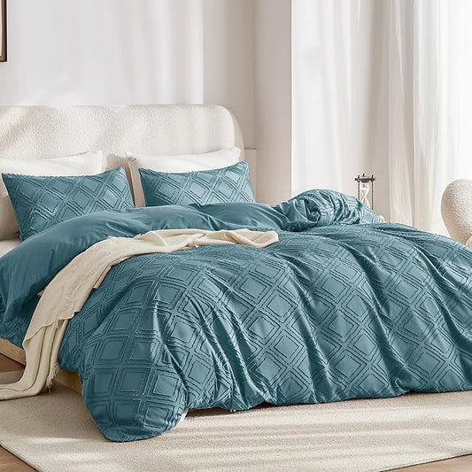 JELLYMONI Duvet Cover Queen Size Grayish Blue - 3PCS Boho Duvet Cover Set Plaid Polyester Tufted Bohemian Jacquard Knit Textured Comforter Cover 90×90in Rhombic Geometric Pattern Zipper Corner Tie