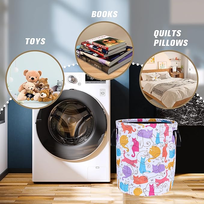 Cute Cat Laundry Basket Foldable Oxford Cloth Funny Tote Bag Laundry Hamper Clothes Storage Bucket Organizer For Bathroom/Laundry Storage/Bedroom Storage Basket 17.7x13.7 Inch