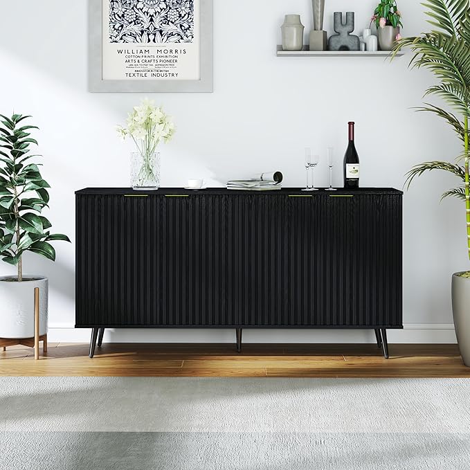 COCO DESIGN 61" Buffet Sideboard with Fluted Panel Doors, Power Outlet & Adjustable Shelves, Storage Cabinet with Metal Legs, Modern Farmhouse Console for Kitchen Dining Living Room Entryway, Black