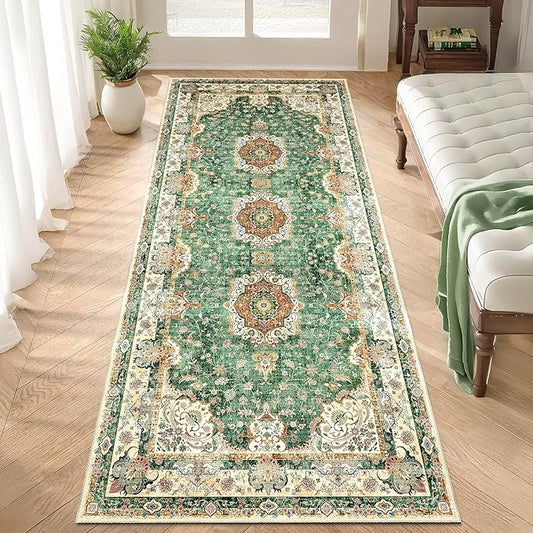 Washable Runner Rug 2'x6',Green Rug Runners Non Slip,Long Boho Rugs for Hallways Kitchen Bathroom Bedroom Entryway,Vintage Bohemian Distressed Floor Carpet,Retro Sage Floral