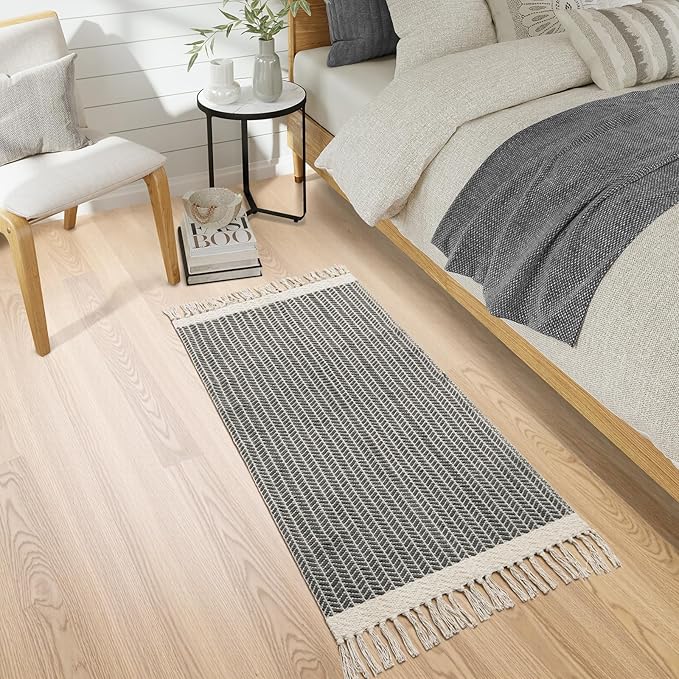 Lahome Boho Kitchen Runner, 2x4.3 Bathroom Runner Rug Lightweight Entryway Rug Woven Cotton Throw Mat with Tassels, Farmhouse Non Shedding Washable Grey Rugs Low Pile for Bedroom Doorway