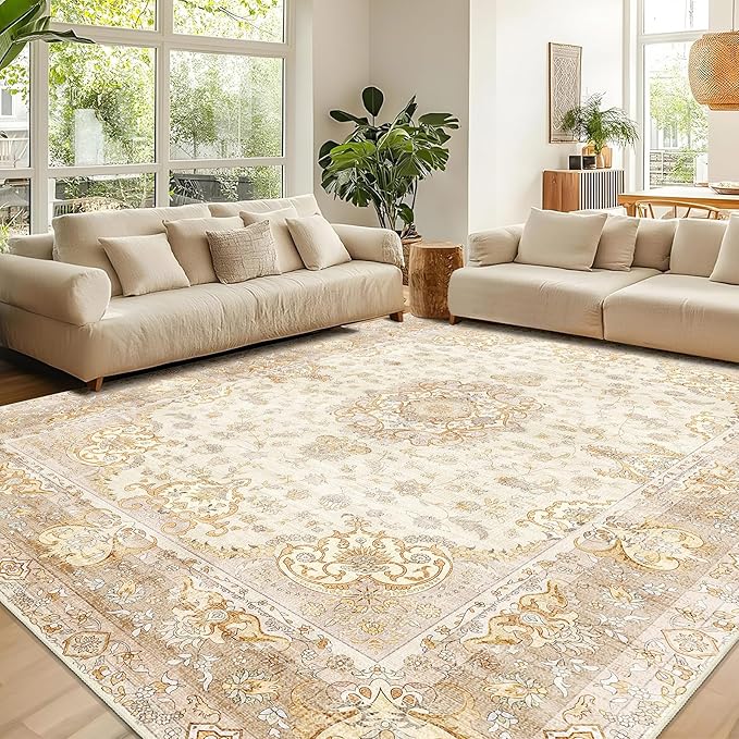 9'x12' Area Rugs Washable,Large Boho Rug for Living Room Bedroom Dining Room,Vintage Bohemian Distressed Oriental Carpet Non Slip,Retro Gold Floral