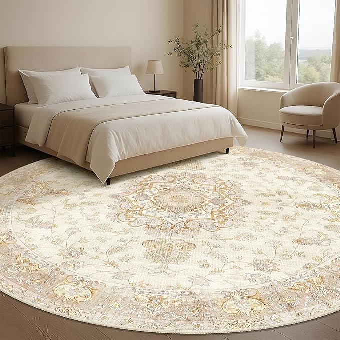 Large Boho Round Rug 9ft, Beige Circle Area Rugs for Bedroom Living Room,Washable Vintage Bohemian Distressed Oriental Floral Carpet Non Slip,Retro Gold Floral