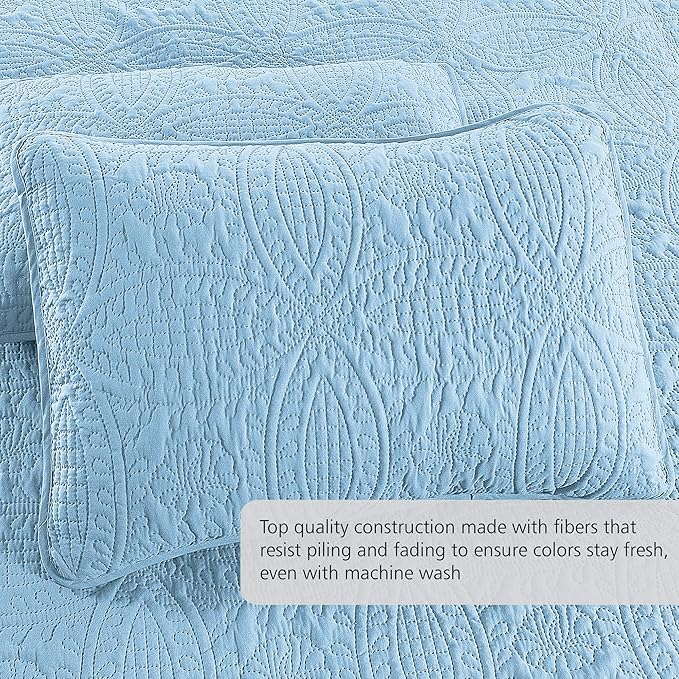 Pure Bedding Quilt Set Full/Queen Size Sky Blue - Oversized Bedspread - Soft Microfiber Lightweight Coverlet for All Season - 3 Piece Includes 1 Quilt and 2 Shams, Geometric Pattern