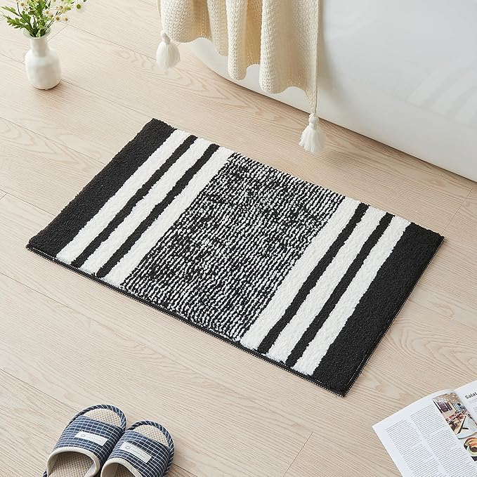 CozeCube Bath mats for Bathroom Non Slip, Fluffy Absorbent Microfiber Bath mat Washable, Aesthetic Bathroom Rugs, Large Jet Black Striped Bath mat, Jet Black, 36" x 24"