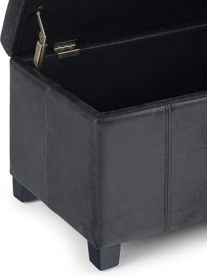 SIMPLIHOME Dover 36 inch Wide Contemporary Rectangle Storage Ottoman Bench in Distressed Black Vegan Faux Leather, Assembled, For the Living Room, Entryway and Family Room