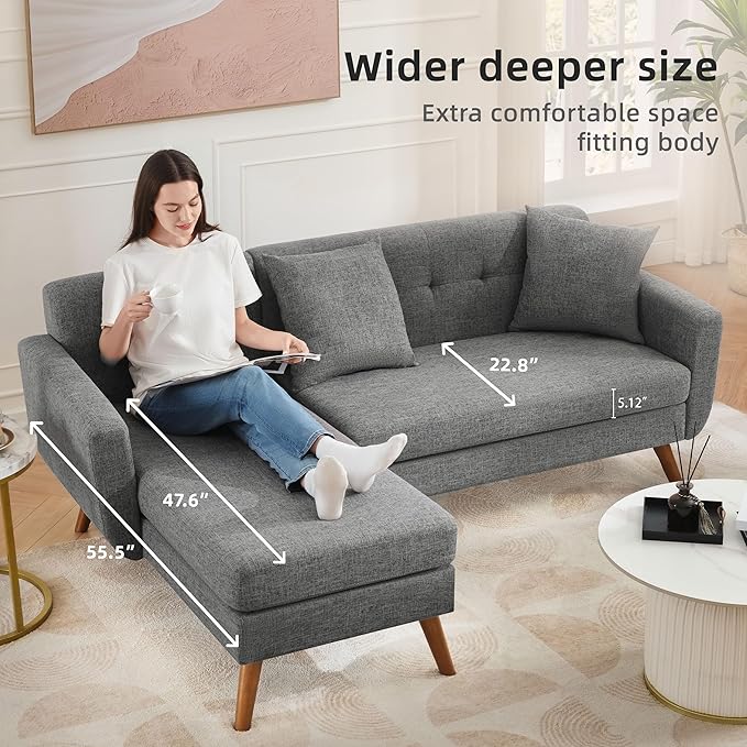 Tbfit L Shaped Couch Sofa, 80" W Mid-Century Modern Sectional Couches, 3 Seater Sofas with Wide Chaise Lounge, Button Tufted Upholstered Sectional Sofa for Living Room, Bedroom, Gray