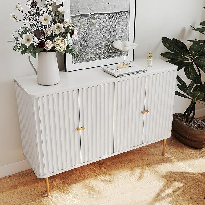48" Sideboard Buffet Cabinet with Storage,Modern Accent Cabinet with 4 Door and Removable Shelves,Credenza Buffet Table for Living Room,Dinning Room,Entryway,White