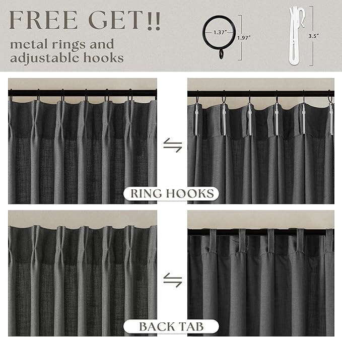 Charcoal Grey Pinch Pleated Linen Curtains 108 Inches Long for Living Room 2 Panels Set Flax Double Pleated Drapes Back Tab Farmhouse Neutral Ceiling Floor 108 Inch Window Curtains Bedroom Dark Grey