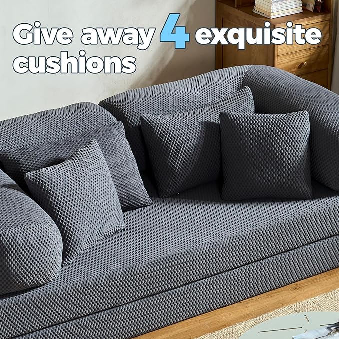 78 Inch Convertible Sofa Bed, 4D Fresh Fabric Boneless Couch with Fixed Frame and 4 Pillows, Modular Sectional Couch for Living Room Bedroom Studio Floor Bed Loveseat Sofa