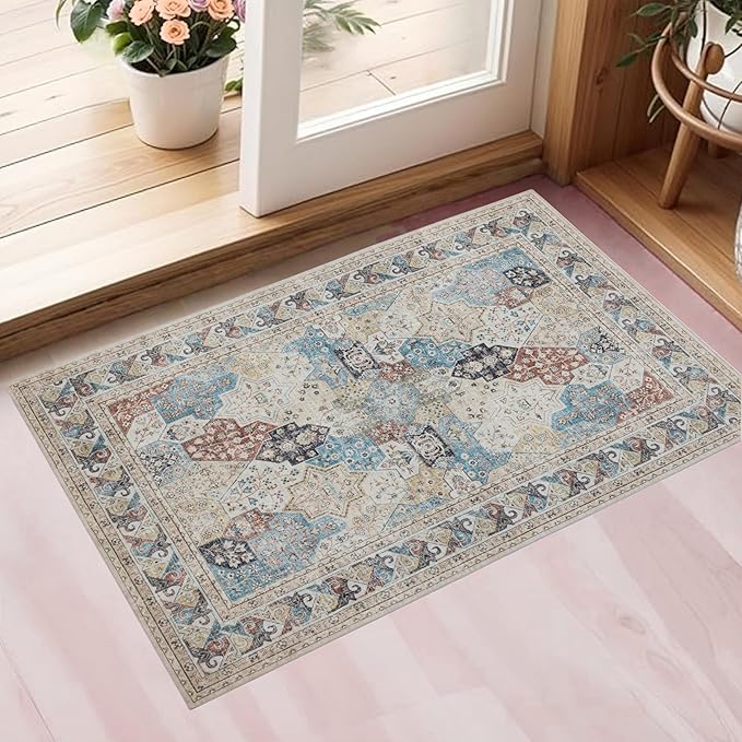 RCTJHOME 2'x3' Washable Entryway Rugs, Indoor Door Mat with 4 Non-Slip Tapes, Kitchen Bathroom Front Door Mat Indoor Entrance, Small Rugs and Mats, Cream Beige Blue Colorful