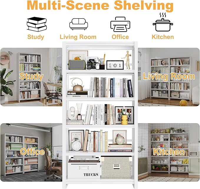 Book Shelf 69" H, 5-Tier Metal Shelving, Modern White Bookcase, Wide Bookshelf for Bedroom, Livingroom, Home Office, Library, Screw-Free Installation