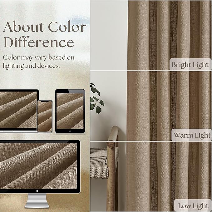 Light Brown 90 Inch Linen Curtains Pinch Pleated for Living Room Bedroom Dining Boho Light Filtering Pinch Pleat Drapes Hooks Rings Back Tab Semi Sheer Tan Latte Coffee Color Window Curtains 2 Panels