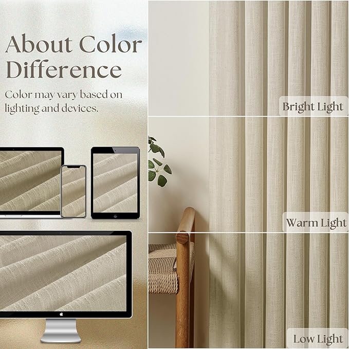 90 Inch Linen Pinch Pleated Curtains 2 Panels for Living Room Bedroom Memory Training Shaped Semi Sheer Beige Light Tan Pinch Pleat Drapes with Hooks Rings Light Filtering Window Curtain 40x90