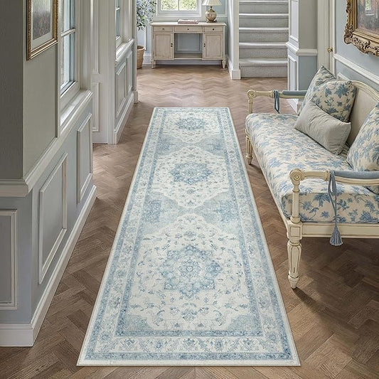 Blue Runner Rug 2x8 Washable Vintage Carpet for Hallway Kitchen Soft Retro Low Pile Thin Indoor Runner Non Slip Oriental Medallion Long Throw Rug for Bathroom Bedroom Laundry Dining Room