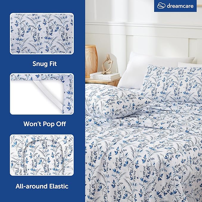 DREAMCARE Full Size Bed Sheets - Luxurious Floral Full Sheet Set - 4 Pc Ultra Soft Breathable Wrinkle Free Brushed Microfiber Floral Blue DREAMCARE
