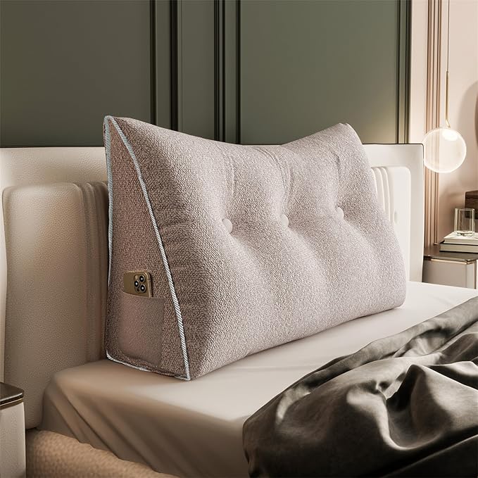 8 lbs Thickened Twin Wedge Pillow Headboard College Dorm Bed Velvet Wedge Pillow Backrest Triangular Headboard Pillows with Side Pocket, Dorm Bedding Essentials for Girls & Boys, Light Pink