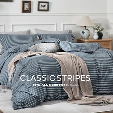 JELLYMONI Washed Cotton Duvet Cover Queen Size – Breathable & Cozy Bedding Set for Modern Homes, Dorms & Guest Rooms, Blue Striped Comforter Cover with Button Closure, 1 Duvet Cover & 2 Pillowcases