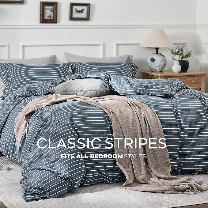 JELLYMONI Washed Cotton Duvet Cover Queen Size – Breathable & Cozy Bedding Set for Modern Homes, Dorms & Guest Rooms, Blue Striped Comforter Cover with Button Closure, 1 Duvet Cover & 2 Pillowcases