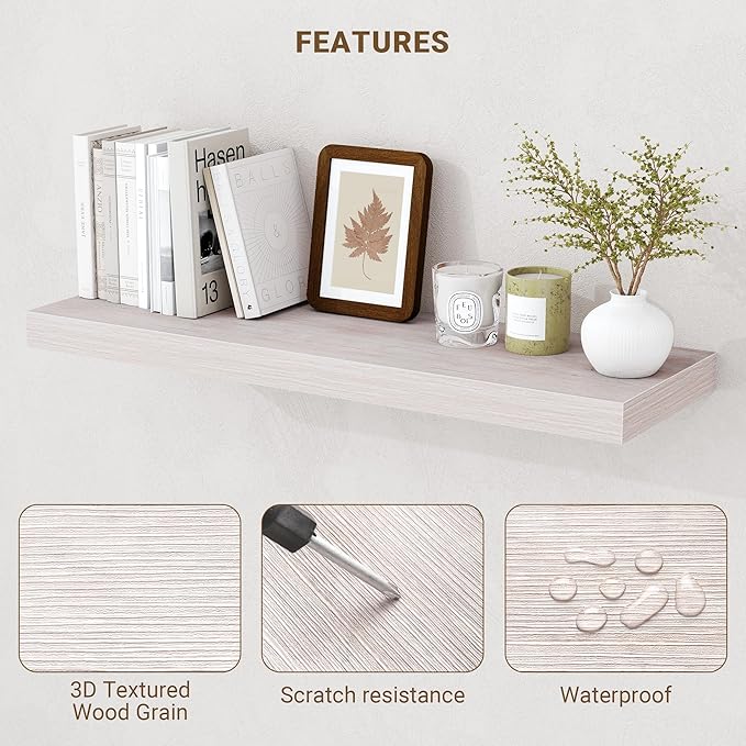 16 Inch Floating Shelves, 3D Textured Wood Grain, 16"x9.25"x1.5" Inch Deep Floating Shelves for Wall, Wooden Shelves for Bathroom, Bedroom, Living Room, Washed White, 2 Pieces
