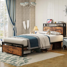 LIKIMIO Twin XL Bed Frames with Drawer, Storage Headboard with Outlets, No Box Spring Needed, Easy Assembly, Vintage Brown