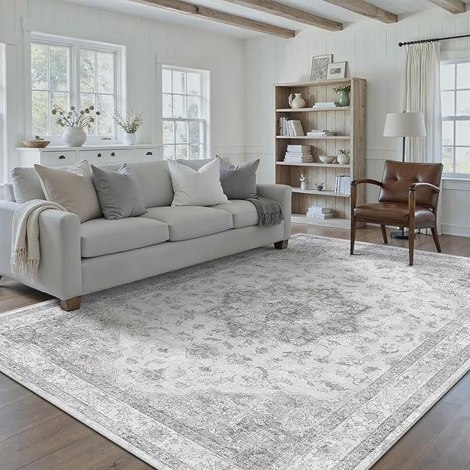 Gray Area Rug 9x12 Washable Living Room Carpet Vintage Non Slip Soft Bedroom Indoor Office Retro Grey Low Pile Thin Oriental Medallion Large Rug for Dining Room Bathroom Playroom