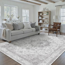 Grey Gray Area Rug 6x9 Washable Vintage Carpet for Living Room Bedroom Large Soft Retro Low Pile Thin Indoor Rug Non Slip Oriental Medallion Floor Cover for Dining Room Office