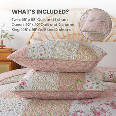Soul & Lane Blush Bloom Cotton Quilt Set - Queen Size with 2 Shams, Floral Patchwork Quilted Comforter, Lightweight Country Pieced Bedspread in Blush and Pink, Roses Patch Work Bedding