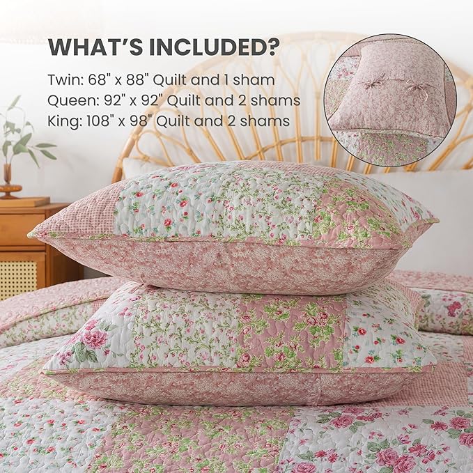 Soul & Lane Blush Bloom Cotton Quilt Set - King Size with 2 Shams, Floral Patchwork Quilted Comforter, Lightweight Country Pieced Bedspread in Blush and Pink, Roses Patch Work Bedding