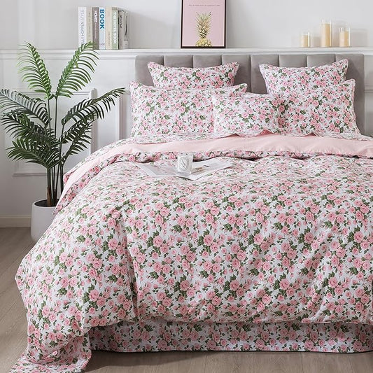 FADFAY Duvet Cover Set Pink Rose Floral Bedding Vintage Peony Flower Quilt Cover Set Shabby Farmhouse Bedding 100% Cotton Comforter Cover with Hidden Zipper Closure 3Pcs, King/California King Size