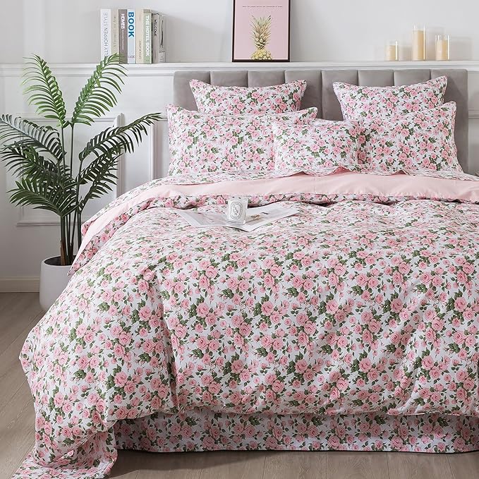FADFAY College Duvet Cover Set Twin XL Vintage Pink Rose Floral Bedding Rustic Peony Dorm Room Comforter Cover Set 100% Cotton Ultra Soft Quilt Cover with Hidden Zipper Closure 3Pcs, Twin XL Size