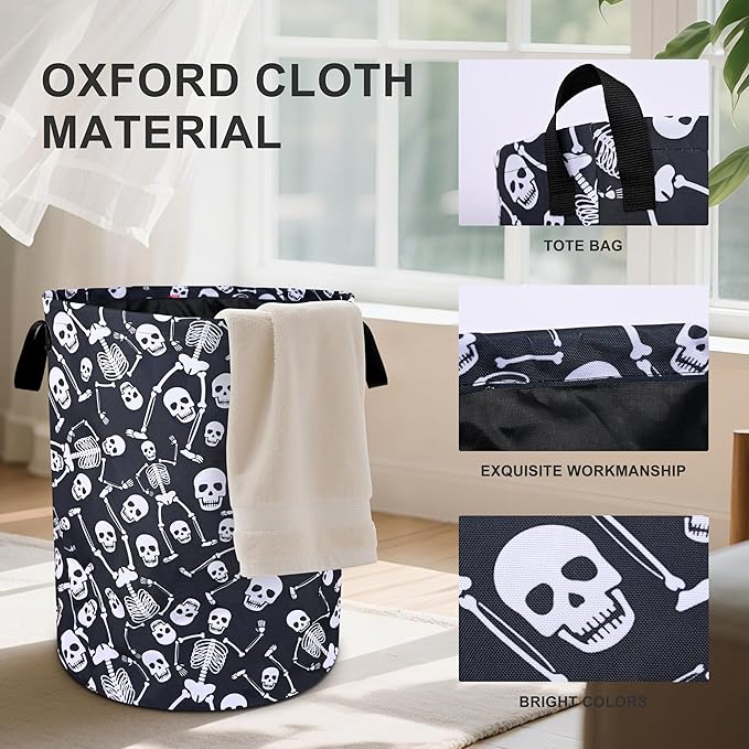 Funny Skull Laundry Basket Foldable Oxford Cloth Tote Bag Laundry Hamper Clothes Storage Bucket Organizer For Bathroom/Laundry Storage/Bedroom 19.6x15.7 Inch