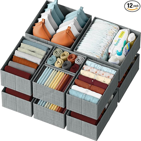 Drawer Organizer Clothes Set of 12 Grey - Dresser Organizer For Nursery, Bedroom, Closet - The Perfect Baby Clothes Organizer and Storage & General Nursery Organization or Dresser Drawer Organizers