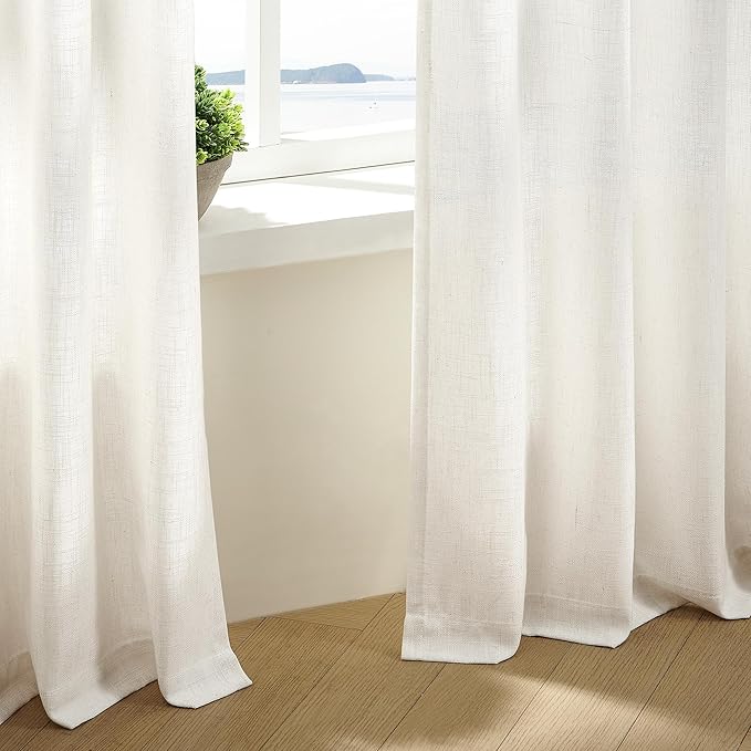 Custom Made Pinch Pleated Linen Curtains 105 Inches Long for Living Room 2 Panels Set Cream Ivory Memory Pleated Drapes Back Tab Neutral Boho Ceiling Floor 105 Inch Window Curtains Natural Birch