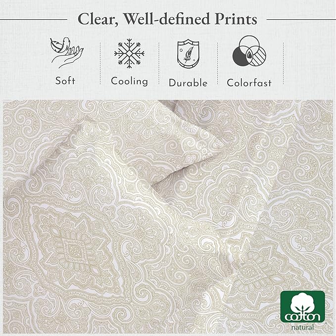 California Design Den Printed King Size Sheets Set - 400 Thread Count, Soft Sateen, Natural 100% Cotton Sheets, Deep Pockets, and Durable Bedding Set - Paisley Beige