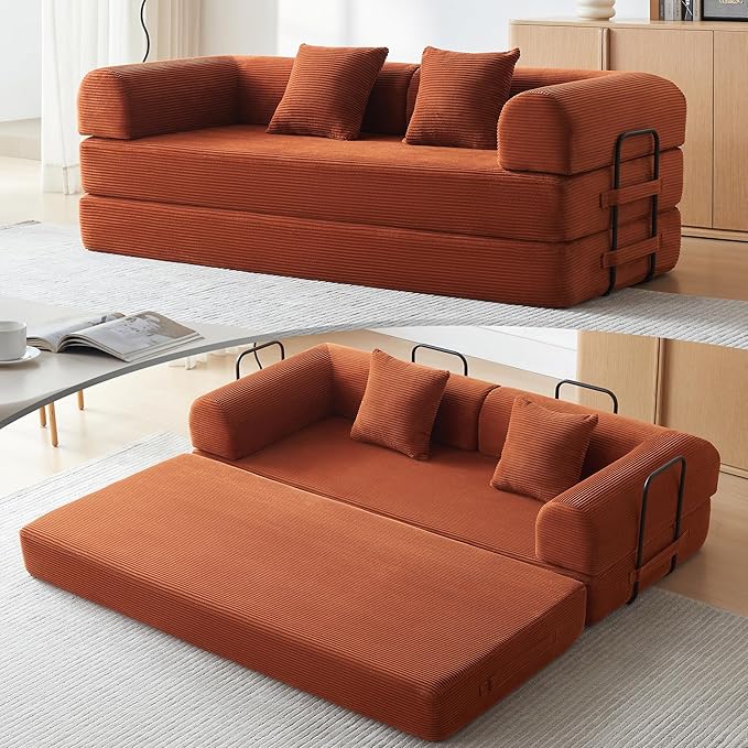 Convertible Sleeper Sofa with Cylindrical Pillow, Modern Corduroy Futon Bed, Modular Sofa with Pull-Out Bed, Love Seat Sleeper for Living Room, Small Space Apartment, Office (Orange)