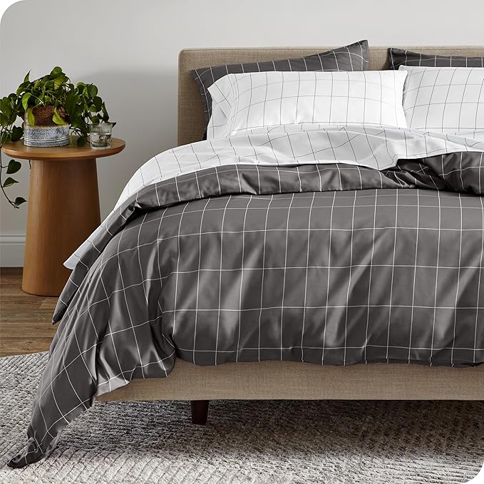 Bare Home Duvet Cover - Oversized Queen Size Bedding Set - Premium 1800 Super Soft Collection - Lightweight, Cooling - Soft Breathable Duvet Cover (Oversized Queen, Grid - Grey/White)