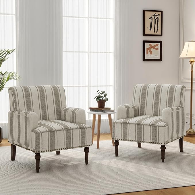 Accent Chair, Mid Century Modern Comfy Armchair for Living Room, Linen Fabric Single Sofa Lounge for Reading Bedroom Apartment Waiting Room with Wood Legs (Brown Stripe, Set of 1)